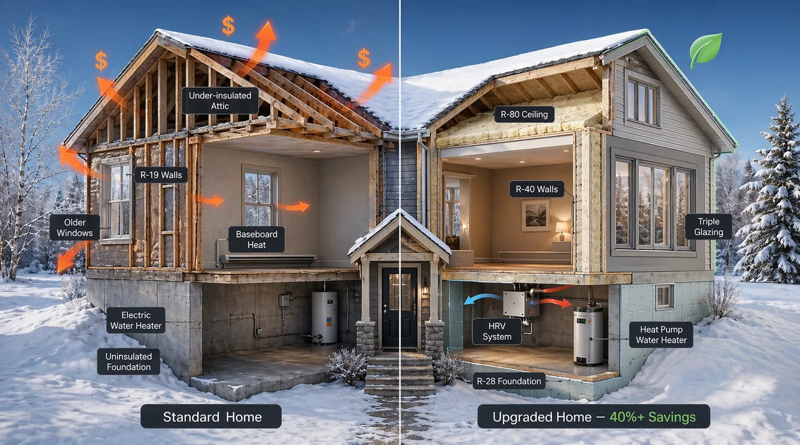 Cross-section comparing a standard home with an upgraded BuildEnergy.ca home — visualizing where the energy goes